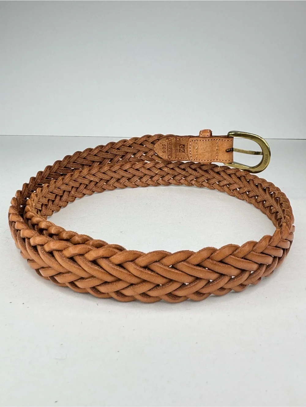 VTG Lands' End Tan Woven Braided Leather Belt Curved Brass Buckle size 32 Med